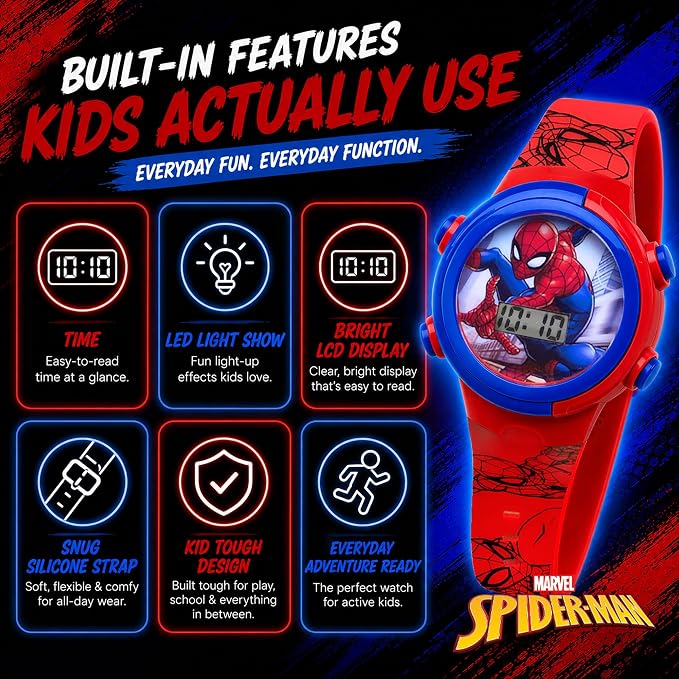 Marvel Spider-Man Kids Watches – Digital Display, Interactive Features, Adjustable Strap, Vibrant Spider-Man Graphics, Durable for Active Kids