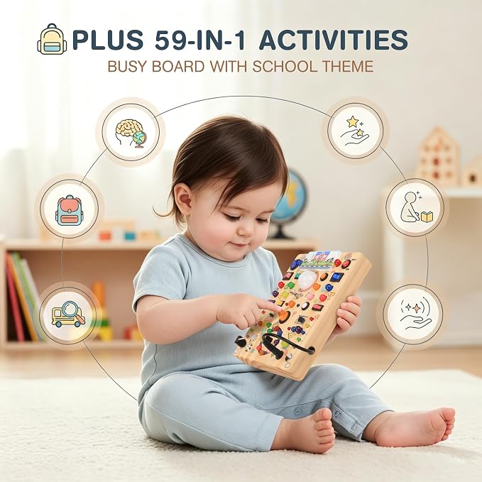RichBoy Montessori Toy Busy Board with 40 LED Lights, 59-in-1 Sensory Toys for Toddlers, Travel Educational Activity for Airplane, Ideal Christmas Birthday Gift for Boys & Girls (School 7.8" x 6.5")