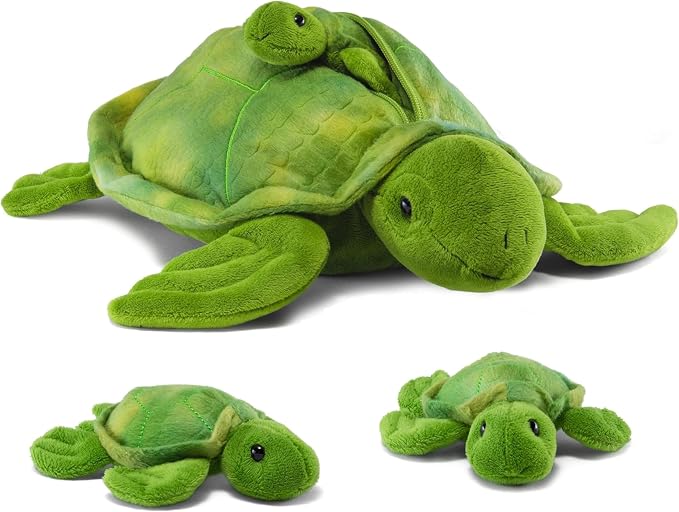 PREXTEX Plush Turtle Toy with 3 Baby Stuffed Turtles - Big Mom with Zipper Storage - Soft Reptile Toys for Kids Ages 3-5 - Cuddly Stuffed Set - Thoughtful Gift for Animal Lovers & Toddlers