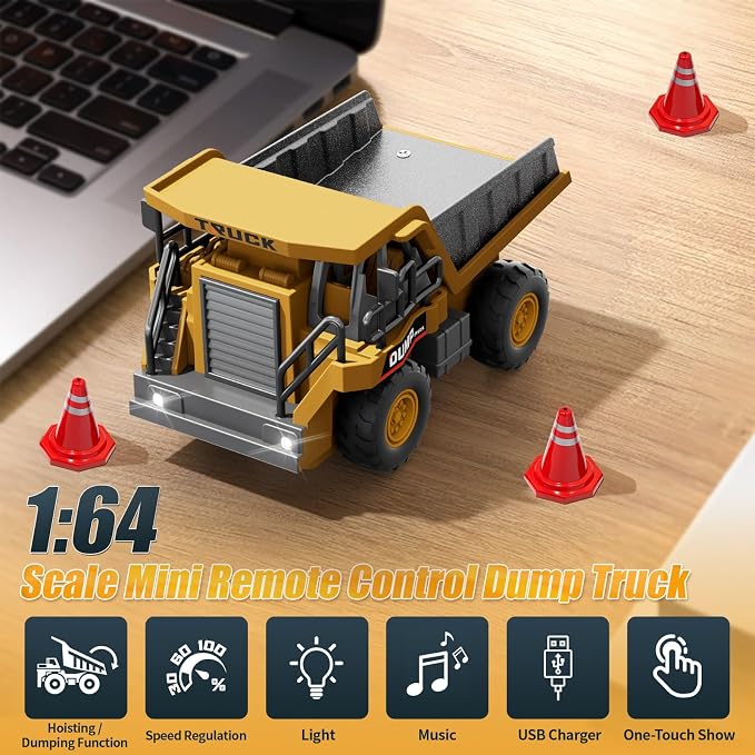 1:64 Mini Remote Control Dump Truck Toy, 2.4GHz RC Dump Truck with Metal Bed, LED Light & Music, Variable Speed, Type-C Charging, Includes 4 Road Barriers, Construction Vehicle Gift for Kids & Adults