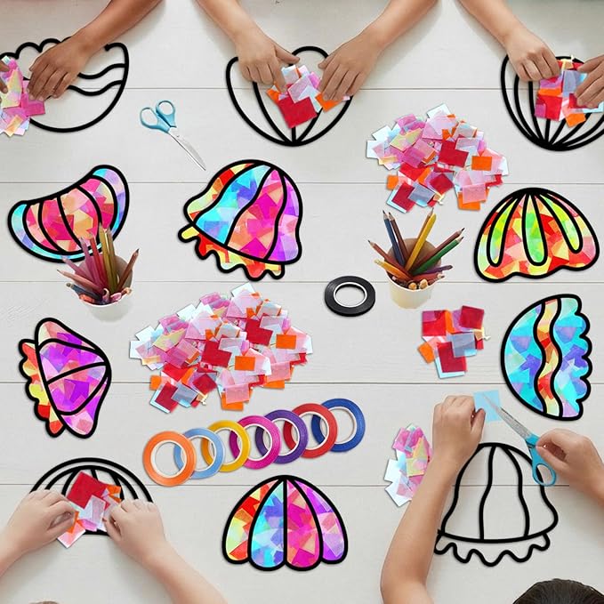 Qyeahkj 36 Set Jellyfish Suncatchers Craft for DIY Ocean Window Tissue Paper Craft Kit Under the Sea Stained Glass Window Ornaments Decoration for Home Art Project Summer Jellyfish Party Favor Gift