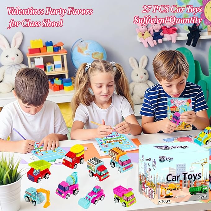 Car Toys for Ages 3-5 Kids - 27PCS Valentine Gifts with Pull Back Cars Truck Vehicles Set for Boys Girls, Construction Toy for Class Party Favors, Potty Training Reward for Kid Classroom