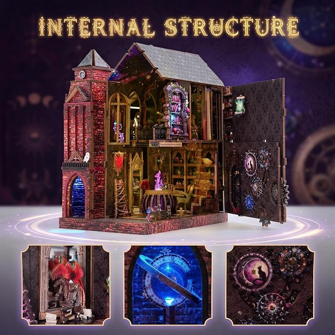 Book Nook Kit, DIY Miniature House Dollhouse Crafts Kit for Adults and Teens, Magic Castle 3D Wooden Puzzle Booknook Build Bookshelf Decor, Gifts for Family and Friends（Arcane Sprire）