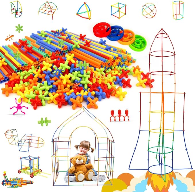 Ggiibro Creative Straw STEM Building Toys 450Pcs Aged for 3-5 5-7 Preschool Kids Constructor Toy Thin Tube Toy DIY Educational Interlocking Plastic Engineering Toys Kit for Boys and Girls