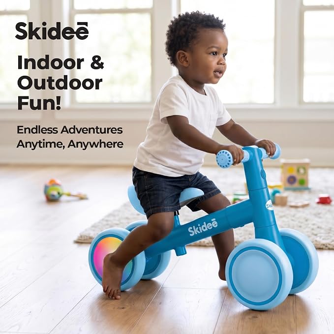 SKIDEE Toddler Balance Bike 1-3, 4-Wheel Balance Bike with Rare Light-Motion-Activated LED Wheels, Adjustable Height & Child Safe Steering, Lightweight Ride-On Toy Training Bike for Boys & Girls