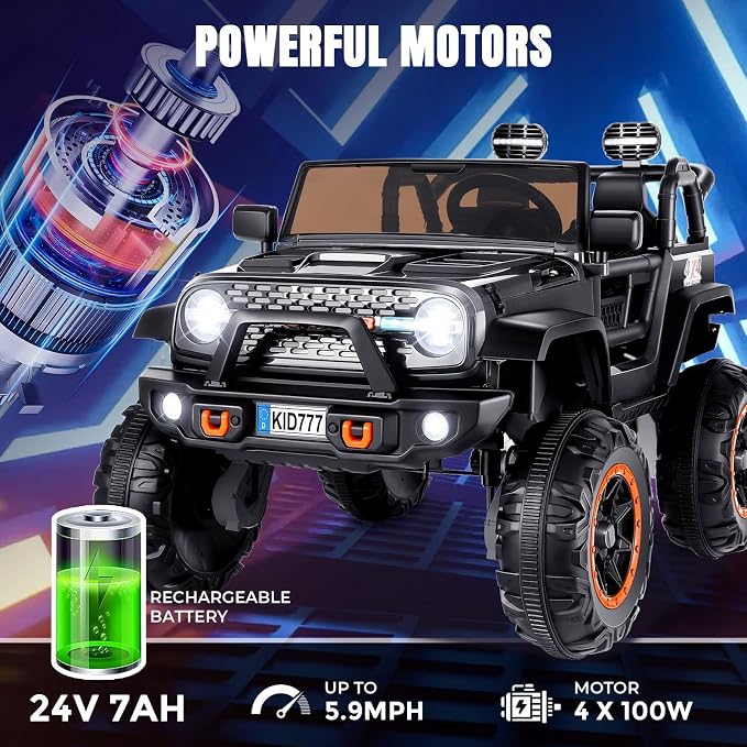 Hikole 24V Electric Ride on Truck, 2 Seater Battery Powered Truck with 20" Wide Seat, 4x100W Powerful Wheels, Music, Remote Control, LED Lights, Ride on Car for Big Kids Boys 4-8, Black