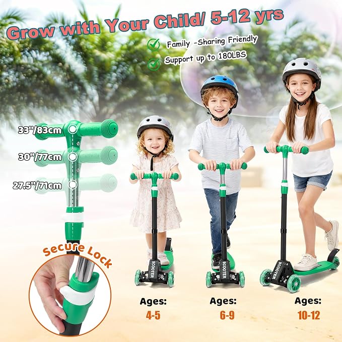 Kick Scooter for Kids Ages 6-12, Stable 3 Wheel Kids Scooter with LED Light-Up Wheels, 3 Adjustable Heights, Lean-to-Steer, Foldable, 6" Extra Wide Deck for Boys and Girls Gifts