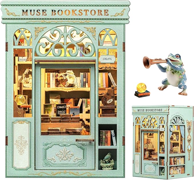 Fsolis Book Nook Kit - 3D Wooden Puzzles for Adults (Muse Bookstore) | DIY Miniature House Kit Bookshelf Decor Gifts for Women Puzzle Lovers