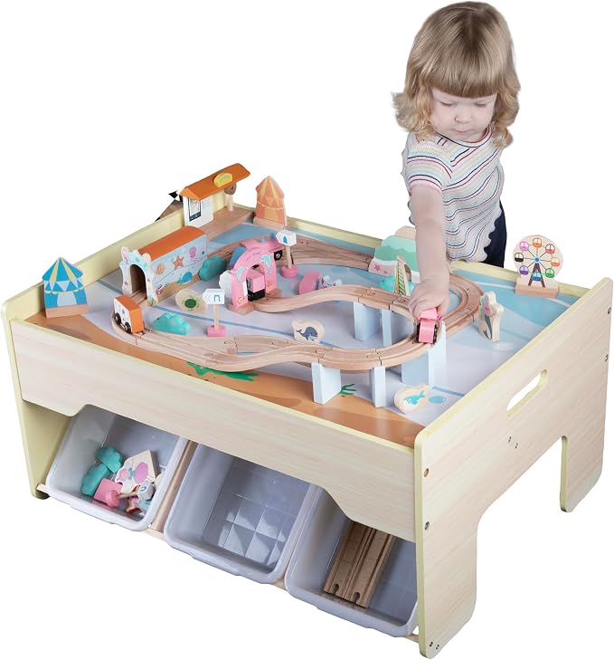 Wooden Train Set with Train Table - 63PC Play Set with Tracks, Vehicles, Buildings and Illustrated Ocean Train Table with Storage by Hey Play (Yellow)
