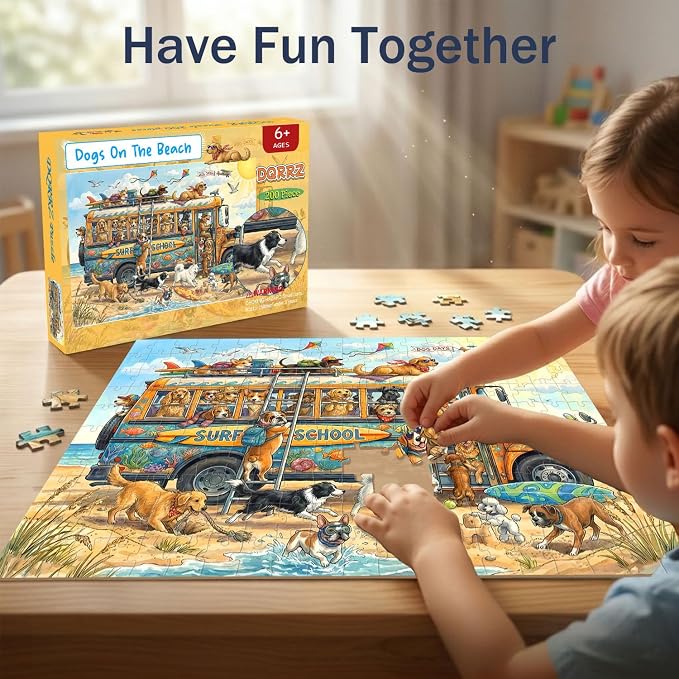 Puzzles for Kids Ages 6-8 8-10 10-12 - 200 Piece Jigsaw Puzzles for Kids Aged 6 to 12 - Dogs On The Beach Surf Fun Animal Puzzle - Colorful Children Puzzles for Girls and Boys Educational Toys