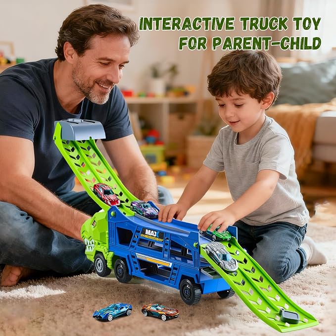 Dinosaur Truck Toys for Kids 3-5 - Transporter Carrier Truck with 6 Die-Cast Cars Toys, 3 in 1 Truck with 2 Foldable Race Tracks, Christmas Birthday Gifts Toys for 3 4 5 6 Years Old Boys(Jungle Blue)