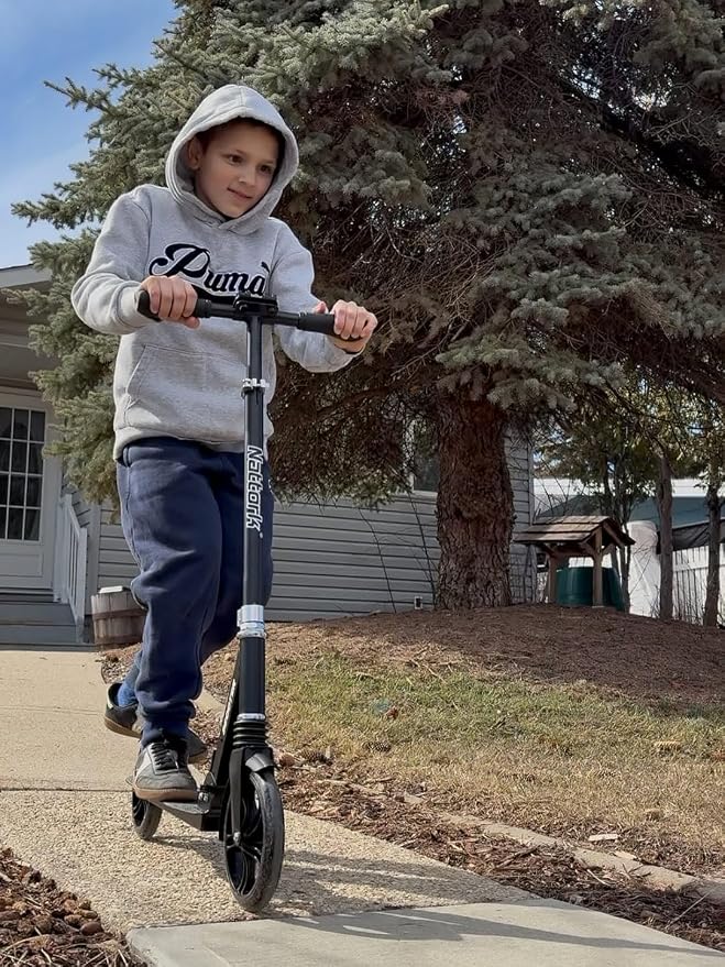 Nattork Kick Scooter for Age 6+ Kids Teens Adults, Max Load 240 LBS, Adjustable Height Foldable with 8" Large Wheels, Anti-Shock Suspension