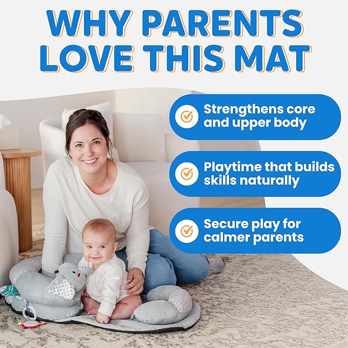 2-in-1 Tummy Time Mat & Baby Lounger Pillow - Seat Support for Baby Play Mat for Babies 0-6 Months, Infant Lounger Activity Center with Newborn Toys, Floor Pillows Sit Me Up (Elephant)