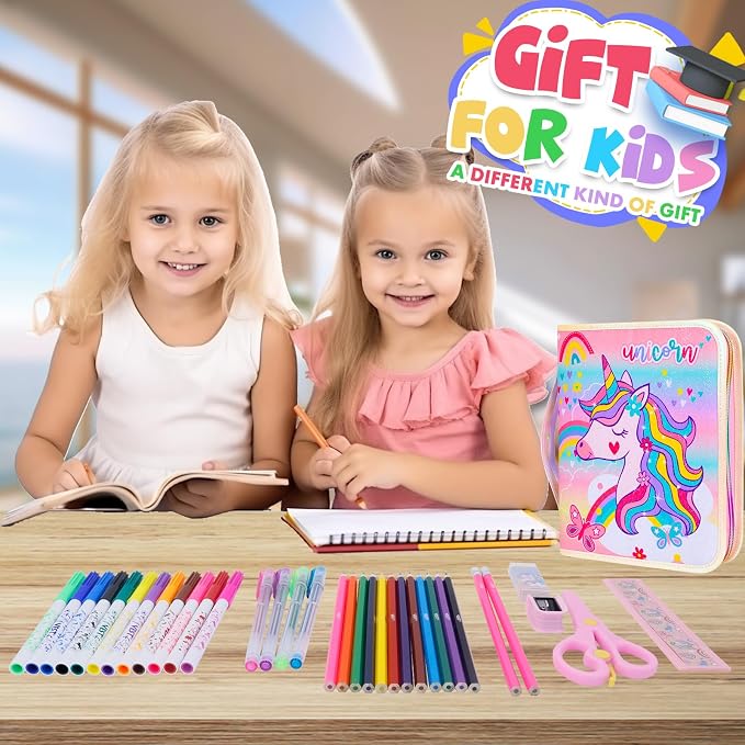 Washable Markers Set with Glitter Pencil Case, Art Supplies for Kids Ages 4-6-8, Arts Crafts Travel Coloring Kit for Girls 4 5 6 7 8 Year Old Birthday Gifts