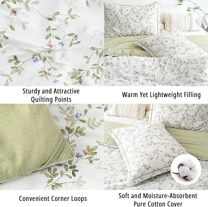 LEMIROE Botanical Cotton Comforter King Size - Tender Green Comforter Printed with Leafy Branches & Purple Stamens on Off-White,Reversible Lightweight Bedding Sets 3Pcs