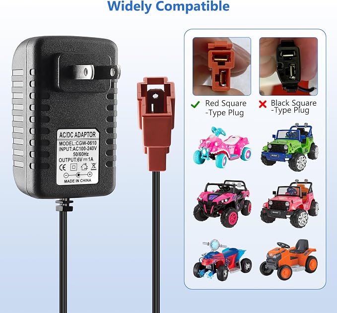 6V Battery Charger for Ride On Toys Car, Compatible with BMX X6, Kid TRAX GMC, Wal-Mart, Moto ATV Quad, Electric Vehicle Power Adapter with Square Plug
