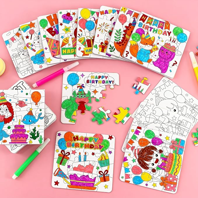 24 Sets Happy Birthday Crafts Puzzle for Kids Kit, Classroom Birthday Party Activities with Cake Hat Gift, DIY Art Color Your Own Blank jigsaw for Fall Christmas Party Favors Coloring Game Supplies