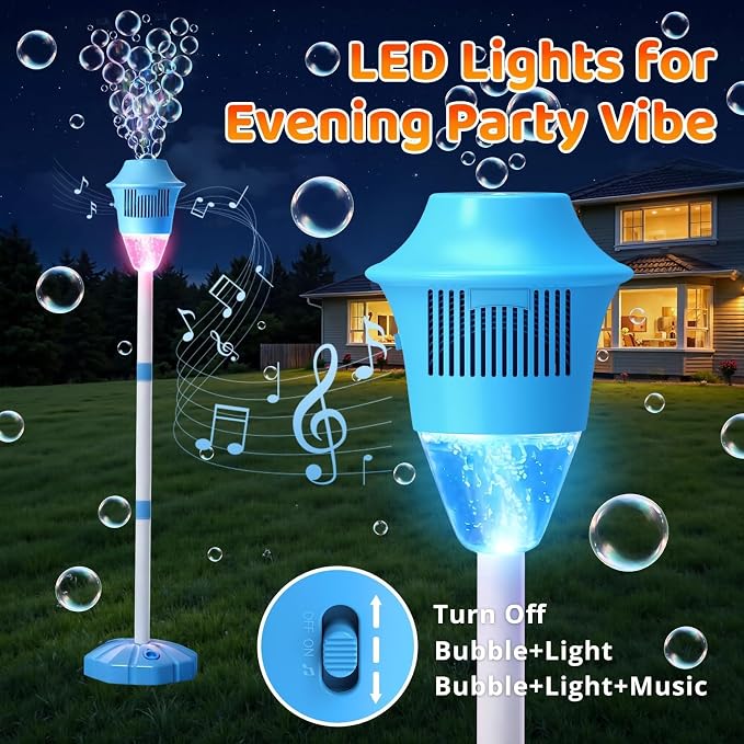 Bubble Machine for Kids: Rechargeable Bubble Blower Maker Torch with Light Music, 2 Batteries 47" Adjustable Height, Bubbles Wand Outdoor Toddler Toys for Summer Camping Wedding Backyard Pool Party