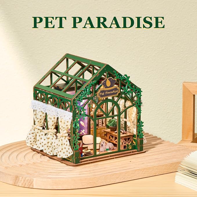 DIY Miniature Dollhouse Kit,3D Wooden Puzzles for Adults to Build, Birthday/Christmas Day Gift for Pet Lovers,Mini Furbabies‘ House with LED Lights,Pet Paradise