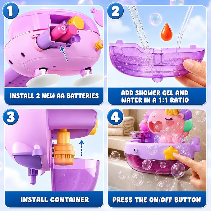 Unicorn Light Up Bath Bubble Machine with Colorful RGB Lights, Kids Tub Bath Toy in Tub Or Sink, for Toddler Boys & Girls Ages 1-8