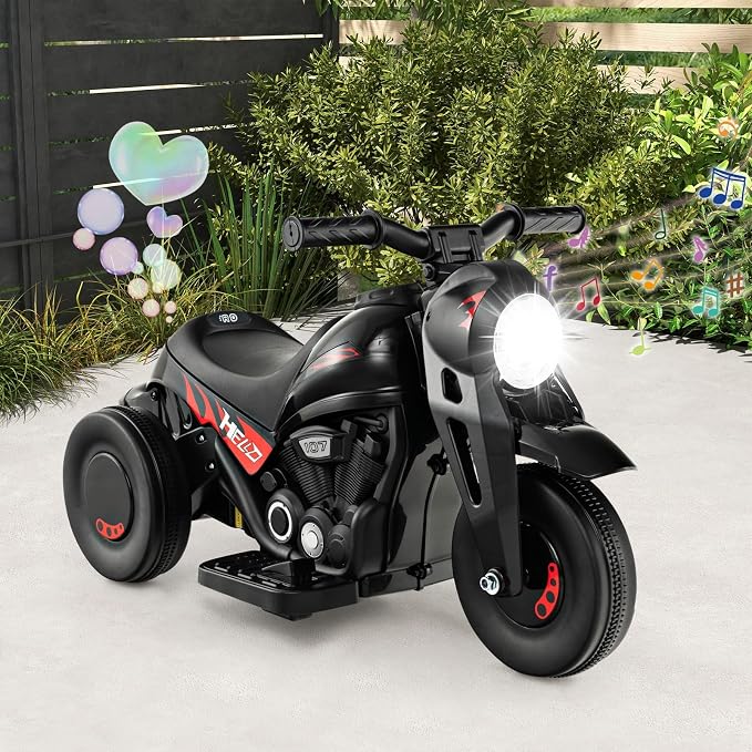 Costzon Kids Motorcycle, 6V Battery Powered Ride on Motorcycle with Bubble Maker, Music, LED Headlight, Forward & Backward, 3 Wheels Electric Motorcycle for Kids, Gift for Boys & Girls (Dark)