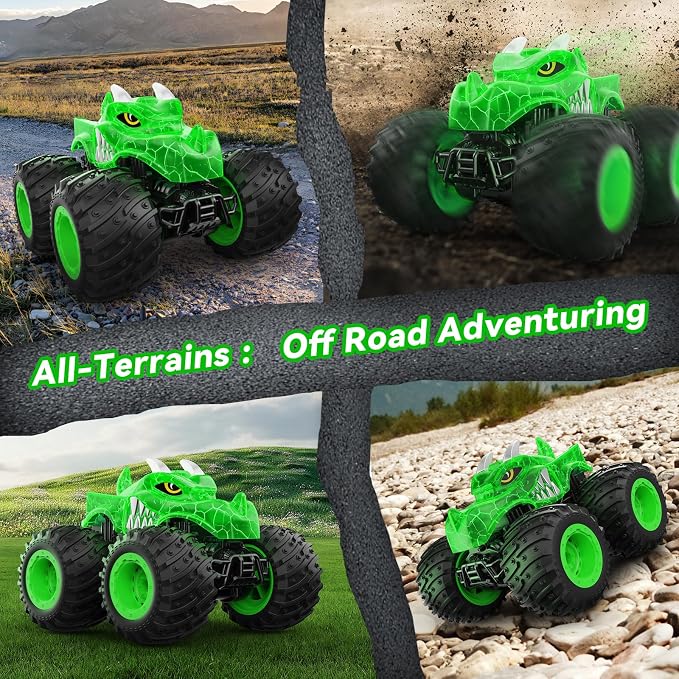 AUUGUU Remote Control Car, 2.4GHz Monster Trucks Toys with Light Spray, Birthday Gift for Kids 3 4 5 6 7 8, All Terrain RC Cars, Toddler Toys for Boys Girls 3+ Year Old (Dinosaur-Green)