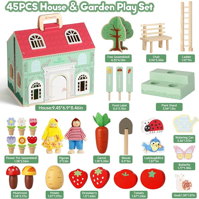 SIMPLIPLAY Montessori Wooden Flower Garden Toys, Wooden Dollhouse Kit with Vegetable Matching Toy, Educational Farm Pretend Play & Play Food Sorting for Toddler Kids Boys Girls Birthday