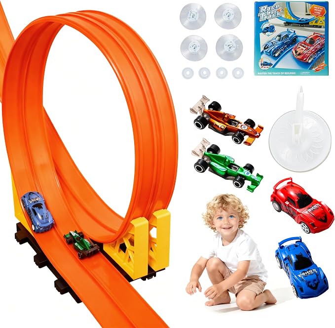 MINDNOOK 16 Ft Flexible Race Car Track Set for Kids, Portable Roll-Up Racetrack with 4 Cars & Suction Cups, Compatible with 1:64 Diecast Toy Cars, Gift for Boys & Girls Ages 4-12