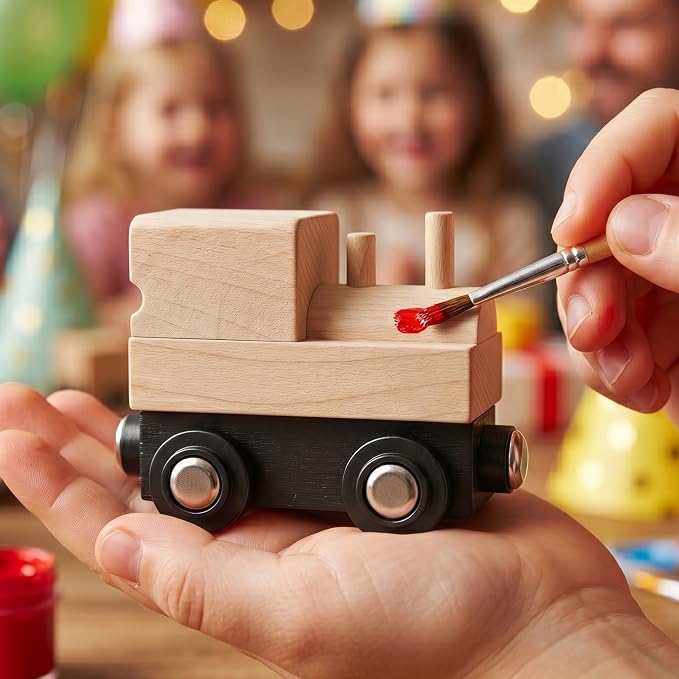 12 Pcs Unpainted Wooden Train And Stickers - Craft Kit – Magnetic Engines with 12 Sticker Sheets – Compatible with All Major Wooden Railway Brands – Art Project for Kids & Birthday Party Favors