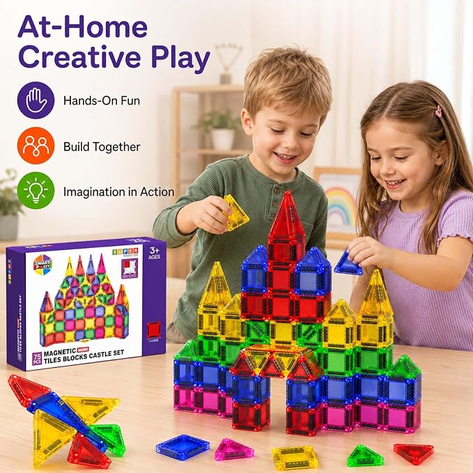 Mini Magnetic Tiles - 75 PCS Travel Magnetic Tiles, Micro Magnet Travel Toy for Kids Ages 3+, STEM Educational Building Set Construction Toys, Boys Girls Toddlers Birthdays Day Gifts