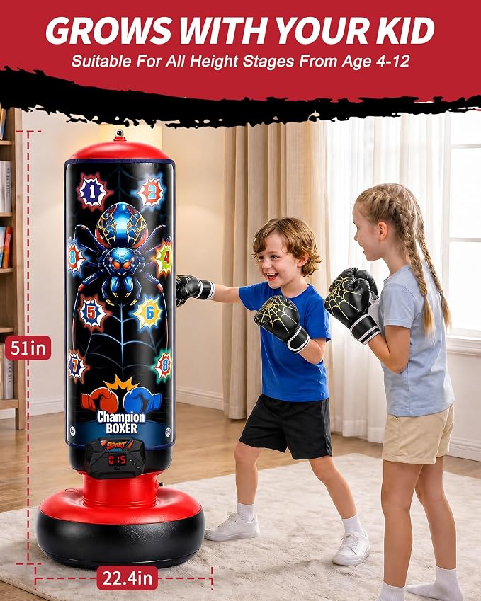 Smart Electronic Punching Bag for Kids,Boxing Set with Scoring,Lights,Music,4 Game Modes-Challenge,Memory,Inflatable Boxing Bag with Gloves,Interactive Gifts Toys for 4-12 Years Old Boys Girls