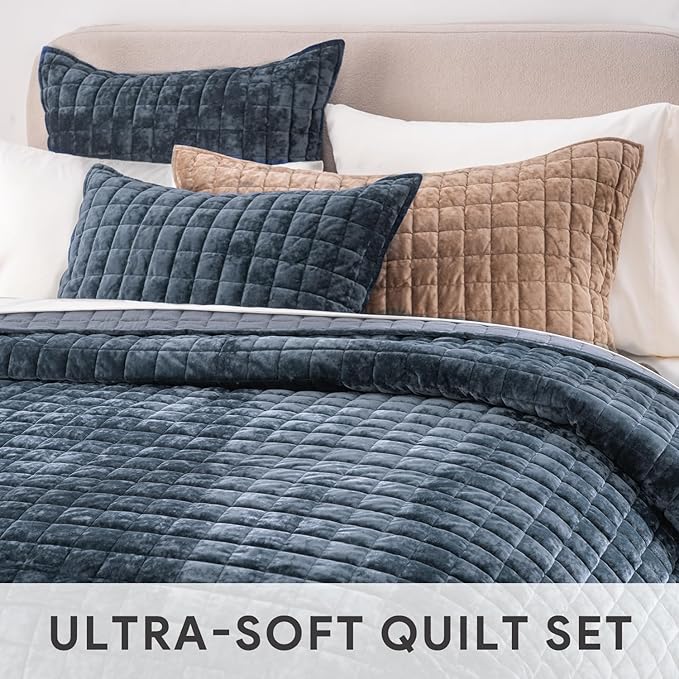RECYCO Luxury Velvet Quilt Twin/Twin XL Size Bedding Set, Ultra Soft Velvet Comforter Set, Lightweight Quilted Channel Box Stitch Oversized Bedspread Coverlet for All Season, with 1 Sham, Stormy Blue