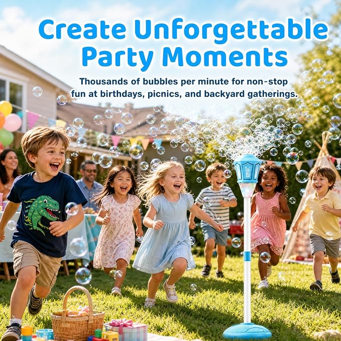 Automatic Bubble Machine for Kids, 47 Inch Vertical Adjustable Height & Handheld Bubble Blower, 10-Hole High Output Bubble Maker with Lights Music, Rechargeable Battery for Party Wedding Birthday