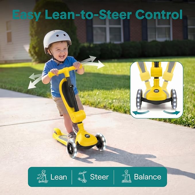 SereneLife 3 Wheel Scooter for Toddlers & Kids, Foldable Seat, LED Wheels, Adjustable Handlebar, Anti-Slip Deck, Rear Foot Brake, Lean-to-Steer, Kid Scooter Ages 18M–7Y, Supports up to 110 lbs, Yellow