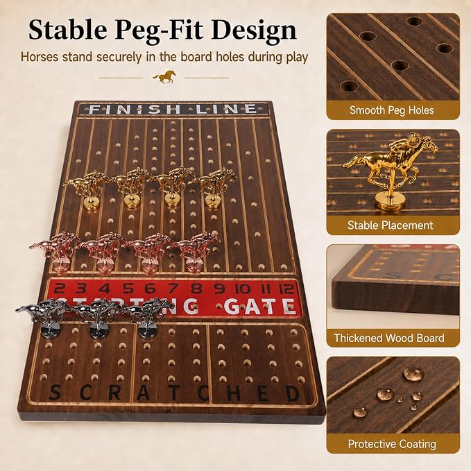 Jyquorp Horse Race Board Game Wooden Kentucky Derby Party Game Set with 11 Metal Horses, 2 Dice & 2 Card Decks, Large Solid Wood Horse Racing Board Game for Family & Adults (15.6" x 10")