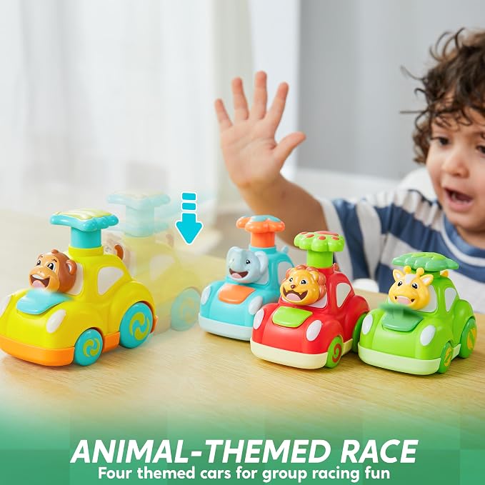 JOYIN Animal Toy Cars, Toddler Toys for Boys Girls, 4 Pack Press and Go Cars Including Elephant, Monkey, Giraffe and Lion, Wind Up Toddler Gift, Birthday Gift for Kids