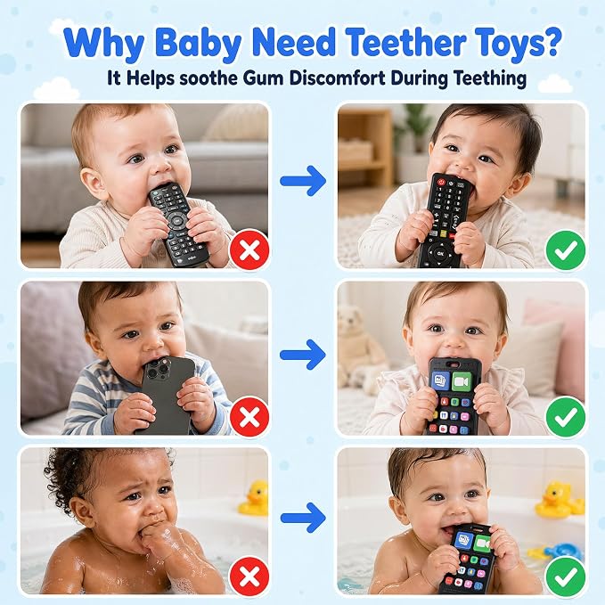 Phone Remote Teethers for Baby, Teething Toys for Baby 3 6 12 18 Months, TV Remote Control Phone Baby Teether Toys, Babies Chew Toys, Food Grade Silicone Teething Toys for Infants, BPA Free