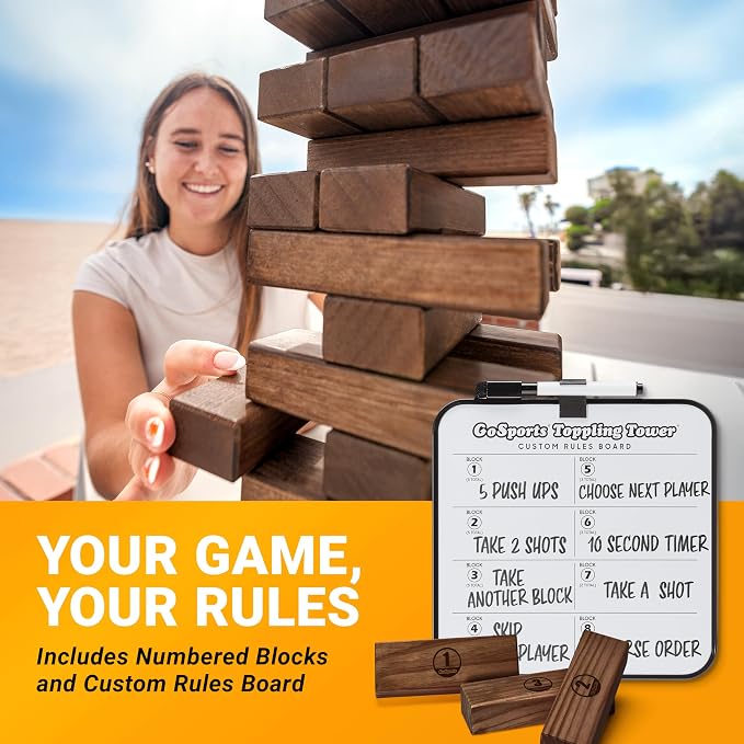 GoSports Giant Wooden Outdoor Stacking Game – Stacks Up to 3 ft – Large Toppling Tower with Case for Yard Games, Family Game Night, Camping, and Parties