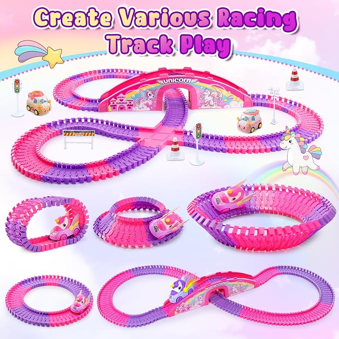 Aetyni Girls Toy Unicorn Car Track Set for Kids 4-6: Unicorn Monster Truck Race Track with 2 Princess Cars 3 4 5 6 7 8 Year Old Toddler Girl Birthday Gifts Girl Toys Age 4-5 6-7