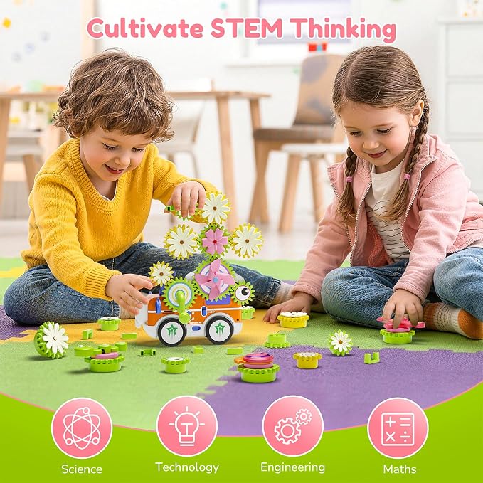 Gears Building Toys for Kids Ages 3+, STEM Construction Set for Toddlers, Train and Flower Models with Electric & Manual Modes, Lights and Music, DIY Educational Learning Toys Gift for Boys and Girls