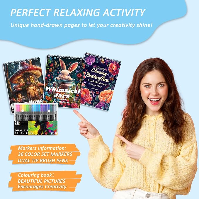 3Pcs Adult Coloring Book for Women Relaxation, Spiral Bound Adult Coloring Books for Women with 36 Markers, 36 Dual Tip Colors Markers, Mindfulness Gifts - 72 Patterns