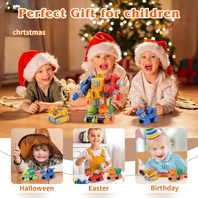 Dinosaur Toys for 3 4 5 6 Year Old Boys– 5-in-1 Detachable Construction Vehicles Set–Transform Robot Kids Toys Cars– Easy DIY Toys for Ages 5+ – Gifts for Boys Girls Birthday Christmas Easter