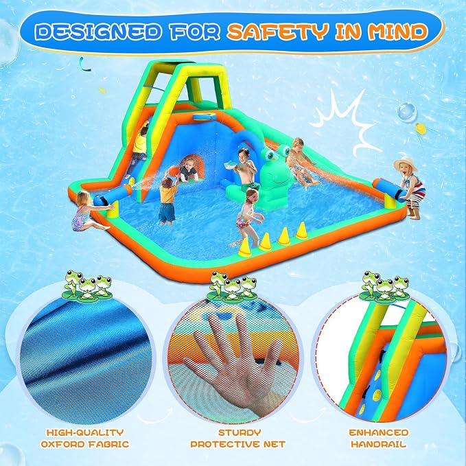 Bonnlo Inflatable Water Slide, Frog Design 8-in-1 Kids Water Park, with Climbing Wall, Blower Included, Backyard Summer Toy for Ages 3-8, Blue & Green