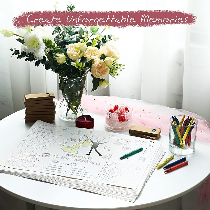 Pasimy 24 Set Wedding Activity for Kids Including 24 Pcs Wedding Coloring Placemats Books Sheets and 24 Pcs Coloring Crayons Individually Packaged for Reception Guest Party Favors, 15.7''x11''