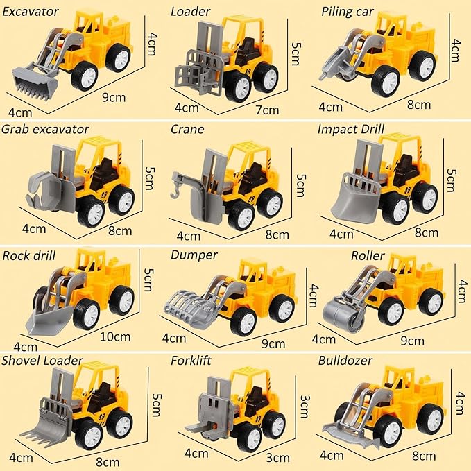 144 Pcs Construction Party Favors for Boys, Mini Construction Vehicles Children's Day Gift, Mini Pull Back Cars Excavator Toys Small Trucks Bulk for Kids Girls Birthday Cake Toppers (Full Set)