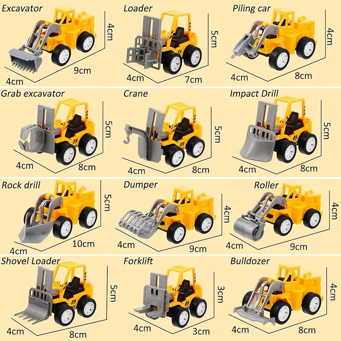 72 Pcs Construction Party Favors for Boys, Mini Construction Vehicles Children's Day Gift, Mini Pull Back Cars Excavator Toys Small Trucks Bulk for Kids Girls Birthday Cake Toppers (Full Set)