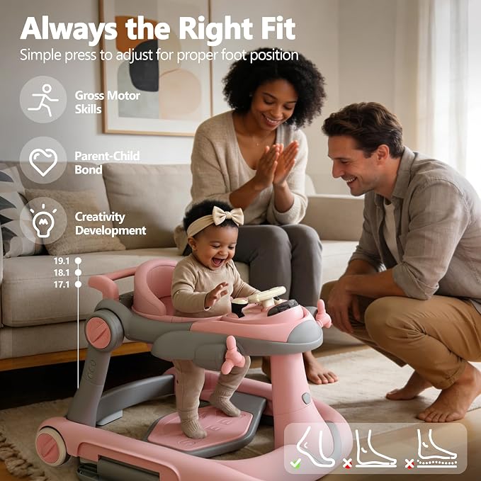 Kinder King 8-in-1 Baby Walker with Music & Lights, 3 Level Adjustable Height, Foldable Toddler Walker with Speed Adjustable Wheels, Easy to Clean, Baby Walkers for Boys & Girls 6-18 Months