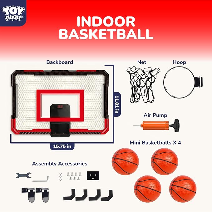 TOY Life LED Indoor Basketball Hoop for Kids, Over The Door Basketball Hoop Indoor Wall Mount with LED Scoreboard 4 Balls&Inflator, Basketball Game Toy for 3-9 Year Old