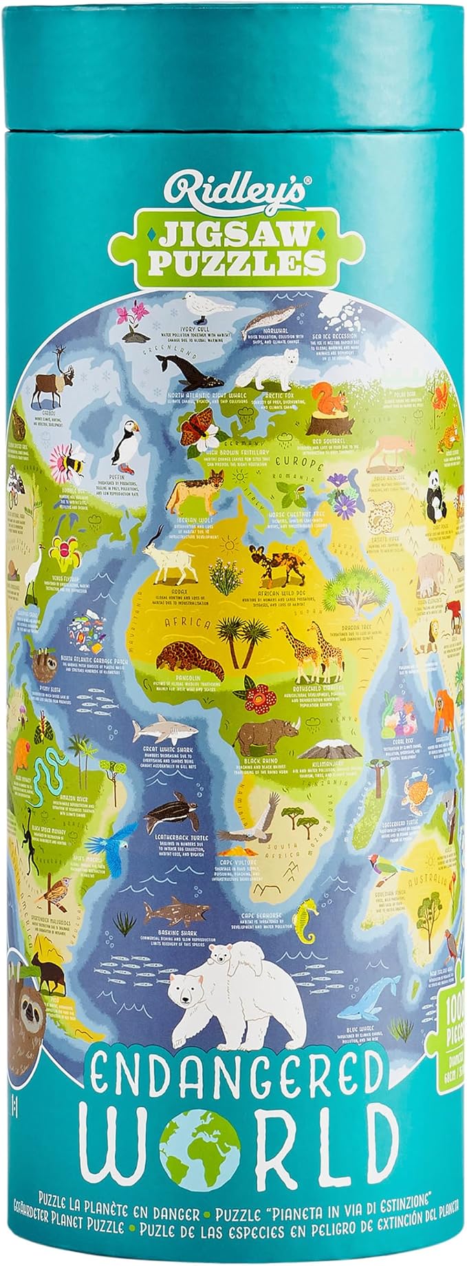 Ridley's Endangered World 1,000-Piece Jigsaw Puzzle – Circular Animal Puzzle with Informational Image About Different Endangered Animals, Sturdy Storage Tube Included – Makes a Great Gift