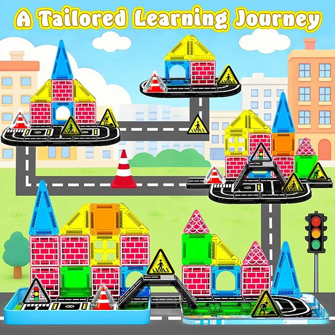 Goodtiles Mini Magnetic Tiles Road Set,STEM Building Toys for Kids Ages 3-8 | Screen-free Travel Toys, Preschool Magnetic Building Blocks, Birthday Gifts for Boys Girls 3+